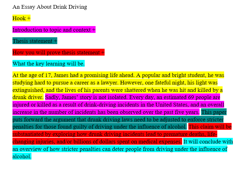 A sample introduction to an essay on drink driving